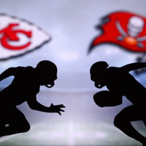 TAMPA BAY, USA, JANUARY, 25. 2021: Super Bowl LIV, the 55th Super Bowl 2020, Kansas City Chiefs vs. Tampa Bay Buccaneers. American football match, silhouette of players. NFL Final
